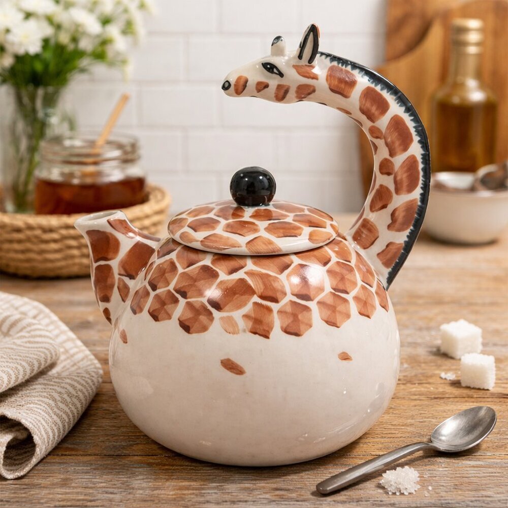 PIER 1 Giraffe Ceramic Teapot Hand Painted Whimsical Jungle Safari Cream Brown
